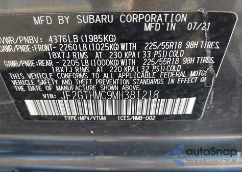 2021 Subaru Crosstrek Limited z USA, uszkodzony, nr VIN JF2GTHMC9MH381218